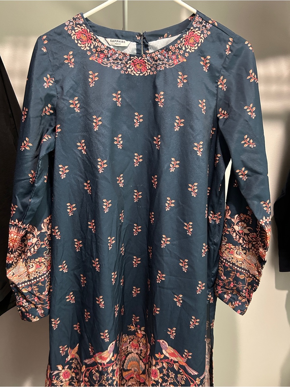 Navy Floral Embroidered Long-Sleeve Dress